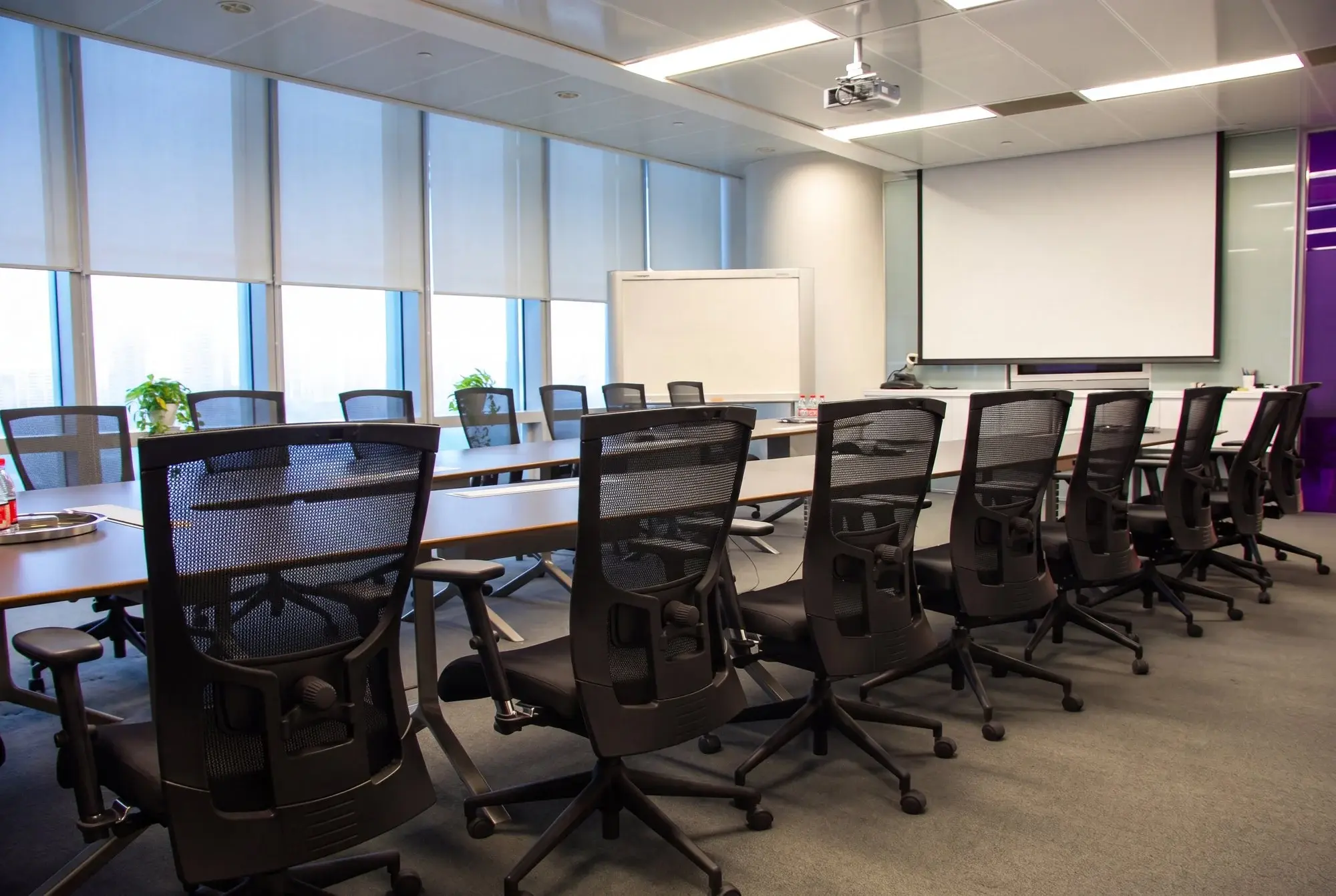 Large conference room with a ceiling projector, drop-down screen, and rows of mesh chairs. Commercial AV installation in Rollingwood, TX by AV Connect.