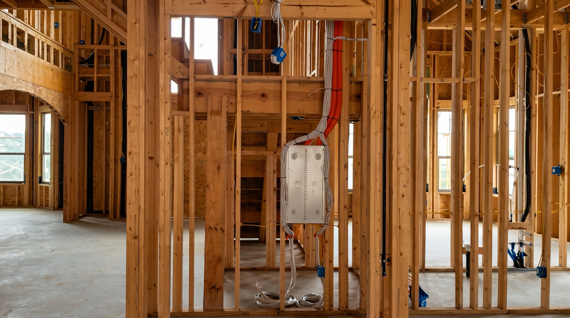Structured low-voltage pre-wiring run through a home during construction