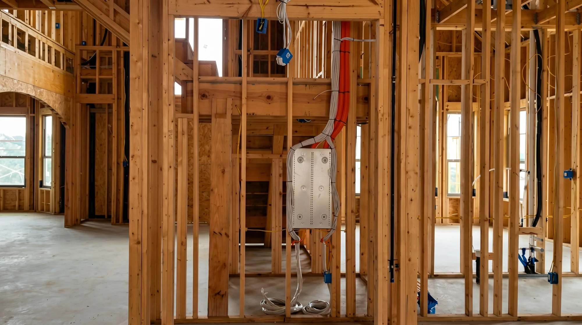 Structured low-voltage pre-wiring run through a home during construction