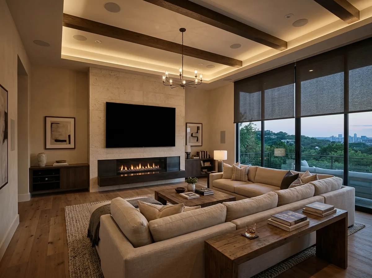 An upscale Austin living room with a large wall-mounted display above a linear gas fireplace, motorized shades, in-ceiling speakers, and a linen sectional, by AV Connect