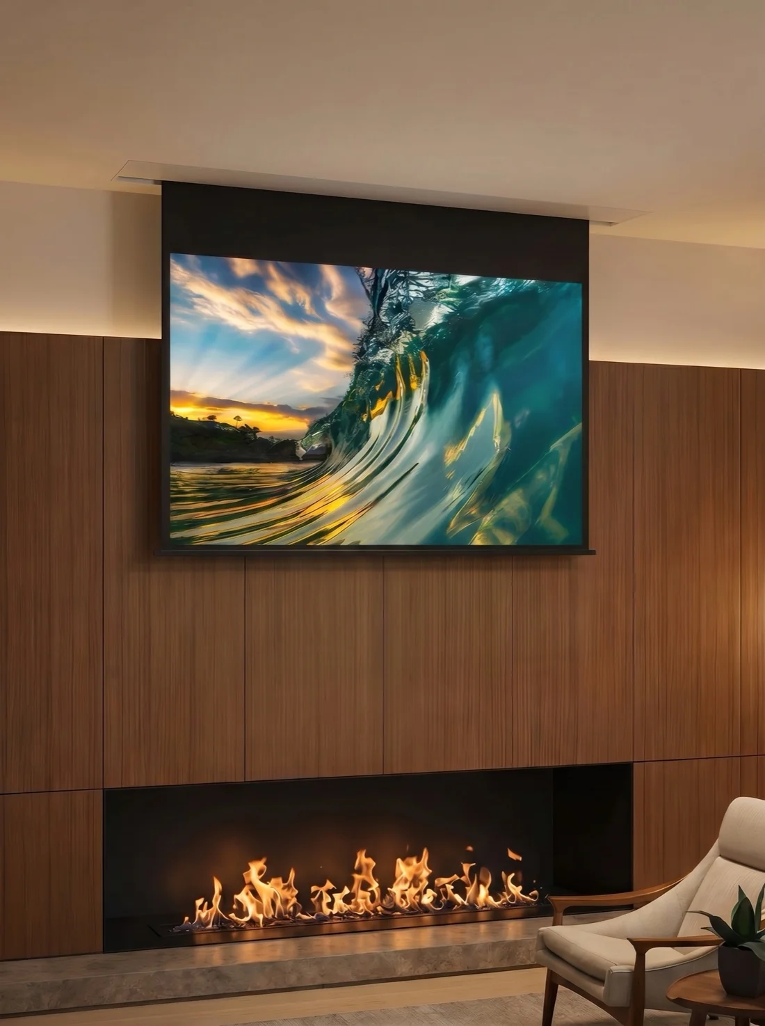 An Austin living room with a motorized drop-down projection screen above a linear fireplace and hidden architectural speakers, installed by AV Connect