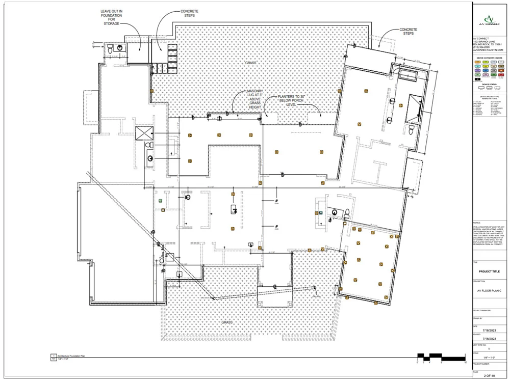 An AV Connect low-voltage engineering plan showing device locations for a new construction home in Austin, TX