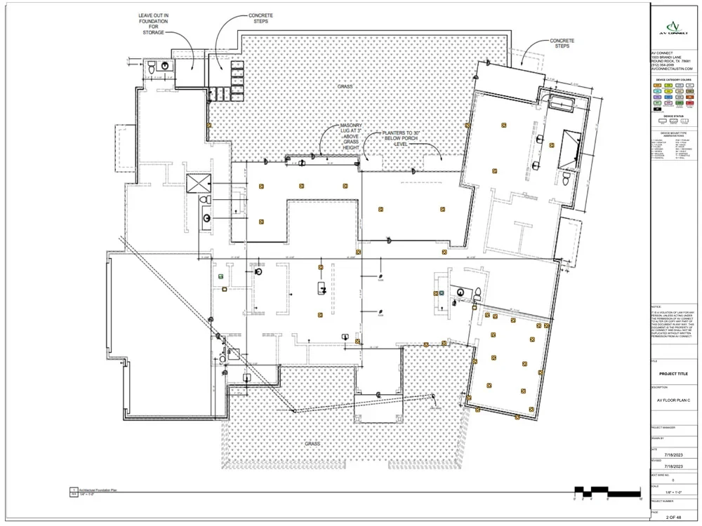 Low-voltage engineering plan marking device locations on a home floor plan. Prewire documentation for Bee Cave, TX homes by AV Connect.