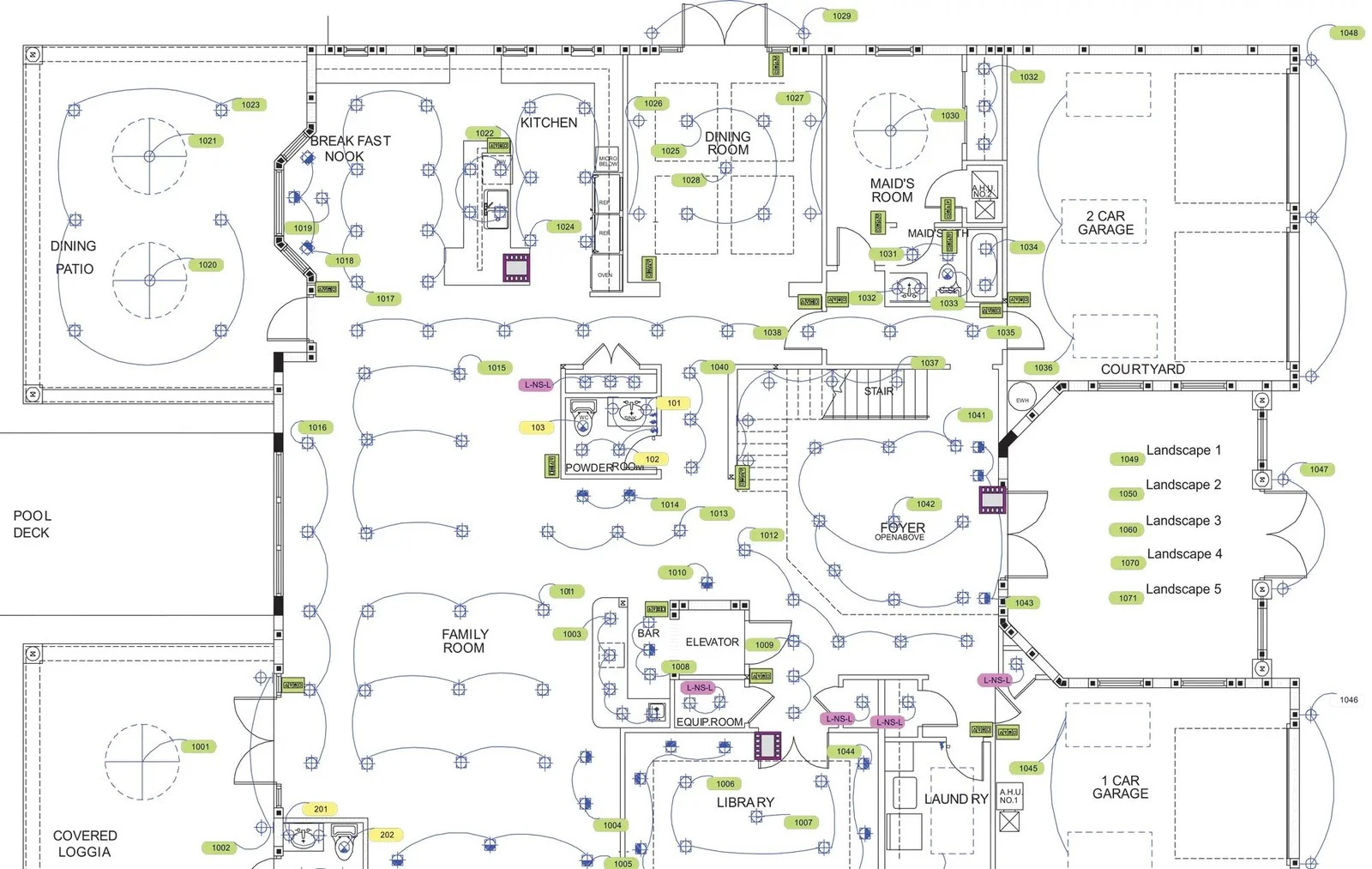 Lighting and control plan drawing showing fixture and keypad locations room by room. Prewire documentation for Lakeway, TX homes by AV Connect.