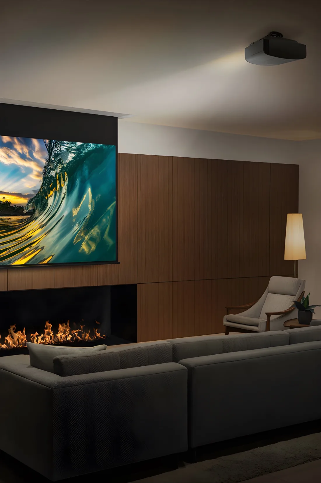 Ceiling projector and drop-down screen over a fireplace in a living room media space, an example of the home theater installation AV Connect provides for Rollingwood, TX homes.