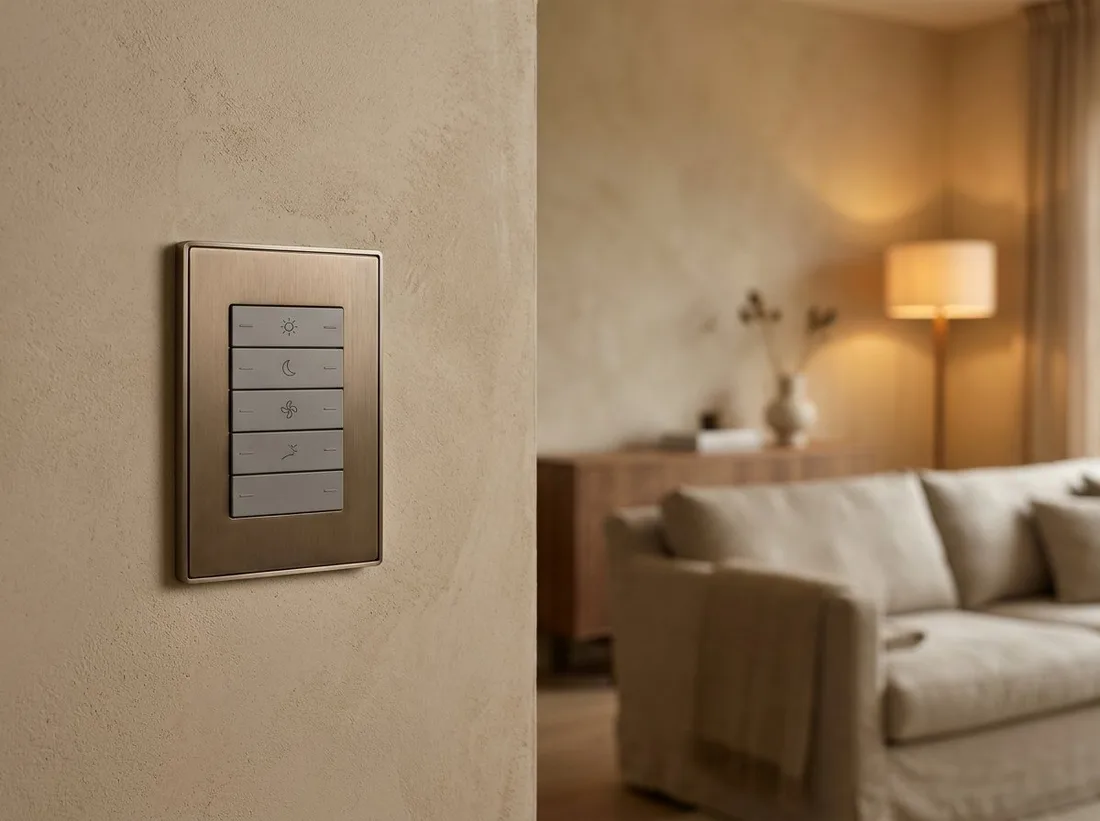 Bronze lighting keypad on a plaster wall next to a softly lit living room, an example of the lighting and motorized shade installation AV Connect provides for Rollingwood, TX homes.