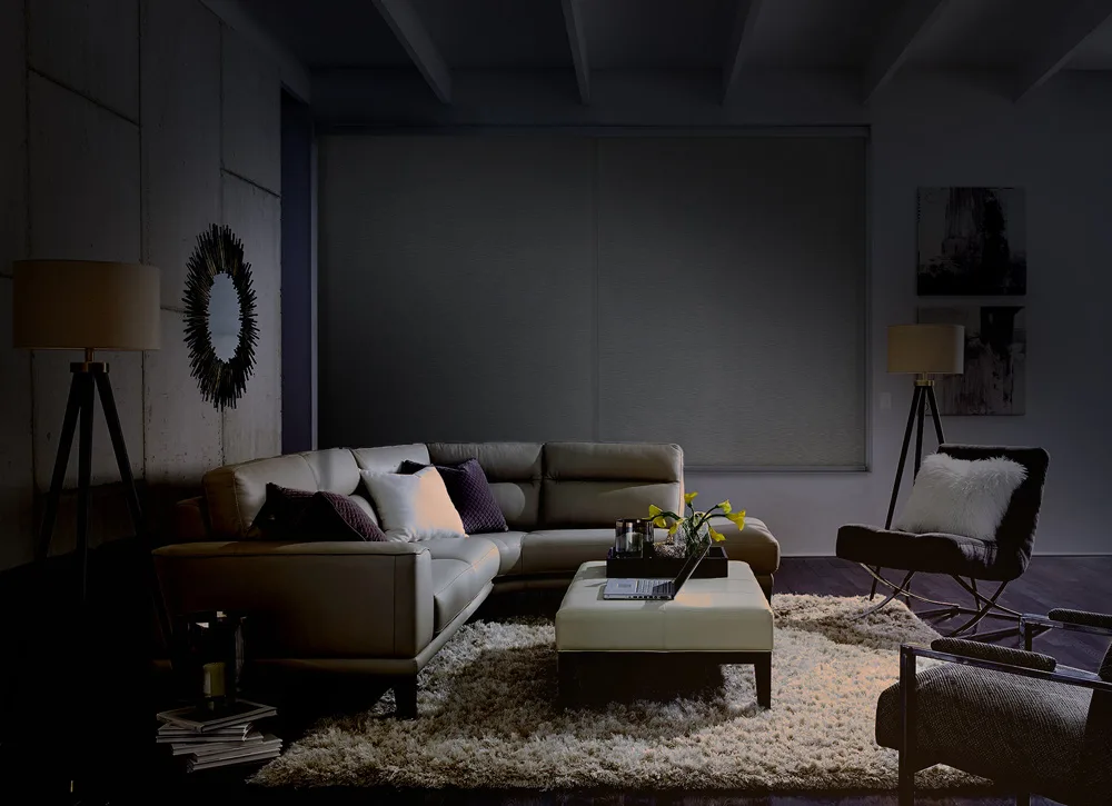 Living room dimmed to a movie night lighting scene. Lighting control programming for West Lake Hills, TX homes by AV Connect.