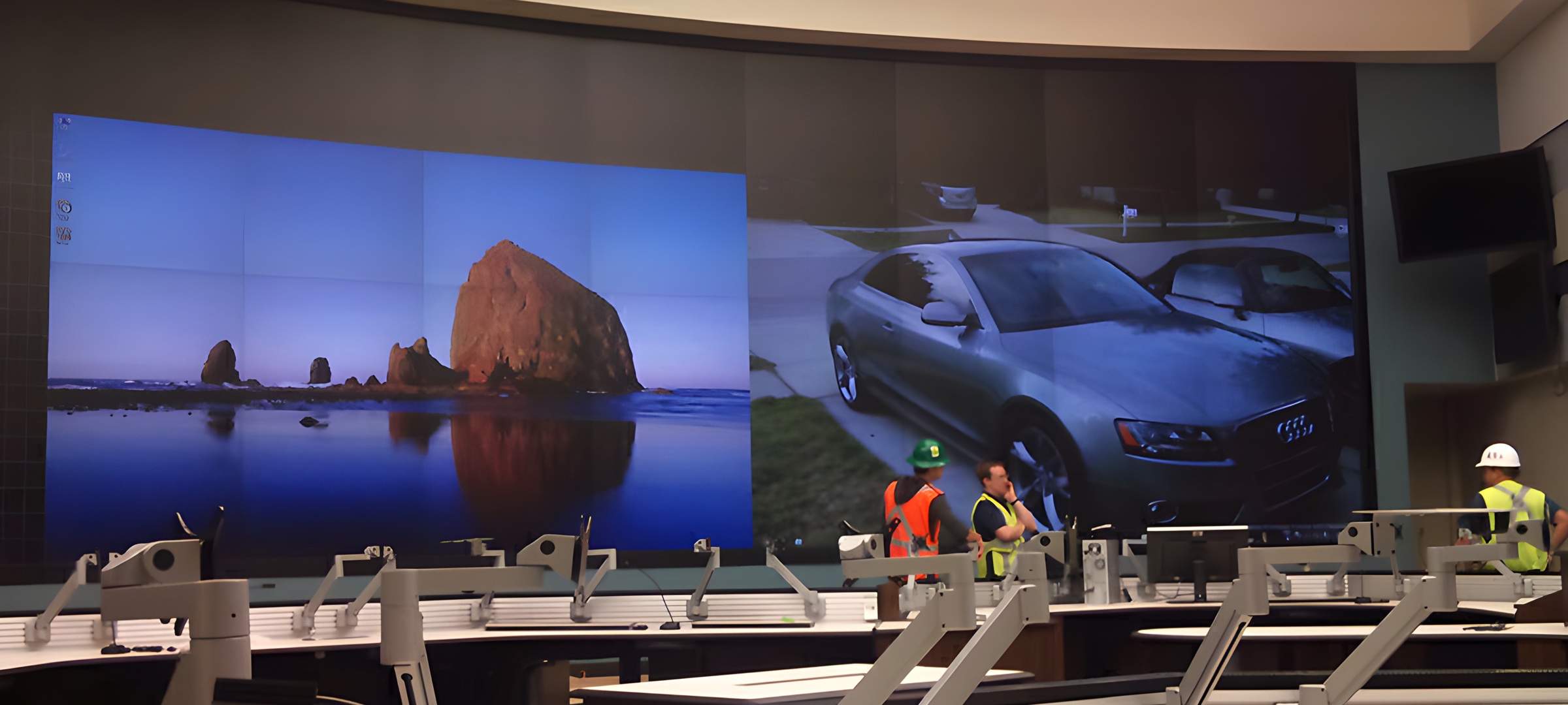 Large curved multi-display video wall in a command center, installed by AV Connect in Austin, TX