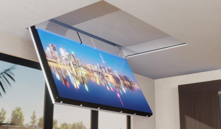 an in ceiling tv displaying a city skyline being lowered.